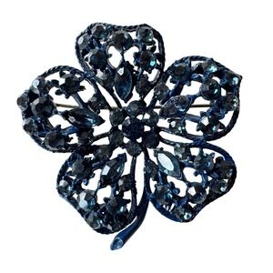 Vintage Navy Blue Enamel Rhinestone Four Leaf Clover Flower Brooch Pin